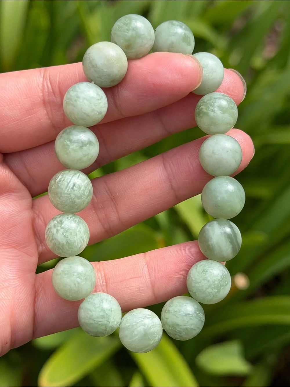 12mm Stretchable Green White Xiuyu Jade Bracelet 2250